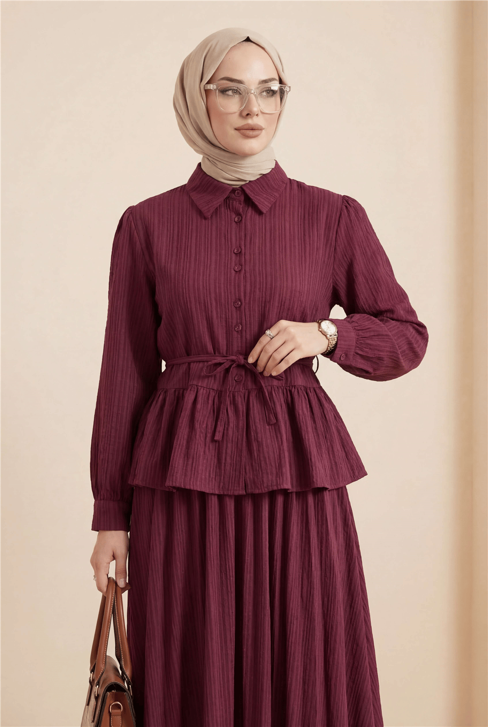 Eteği Fırfırlı Düğmeli Beli Bağcıklı Etekli Takım  -Bordo-Takım-223-3058-R04