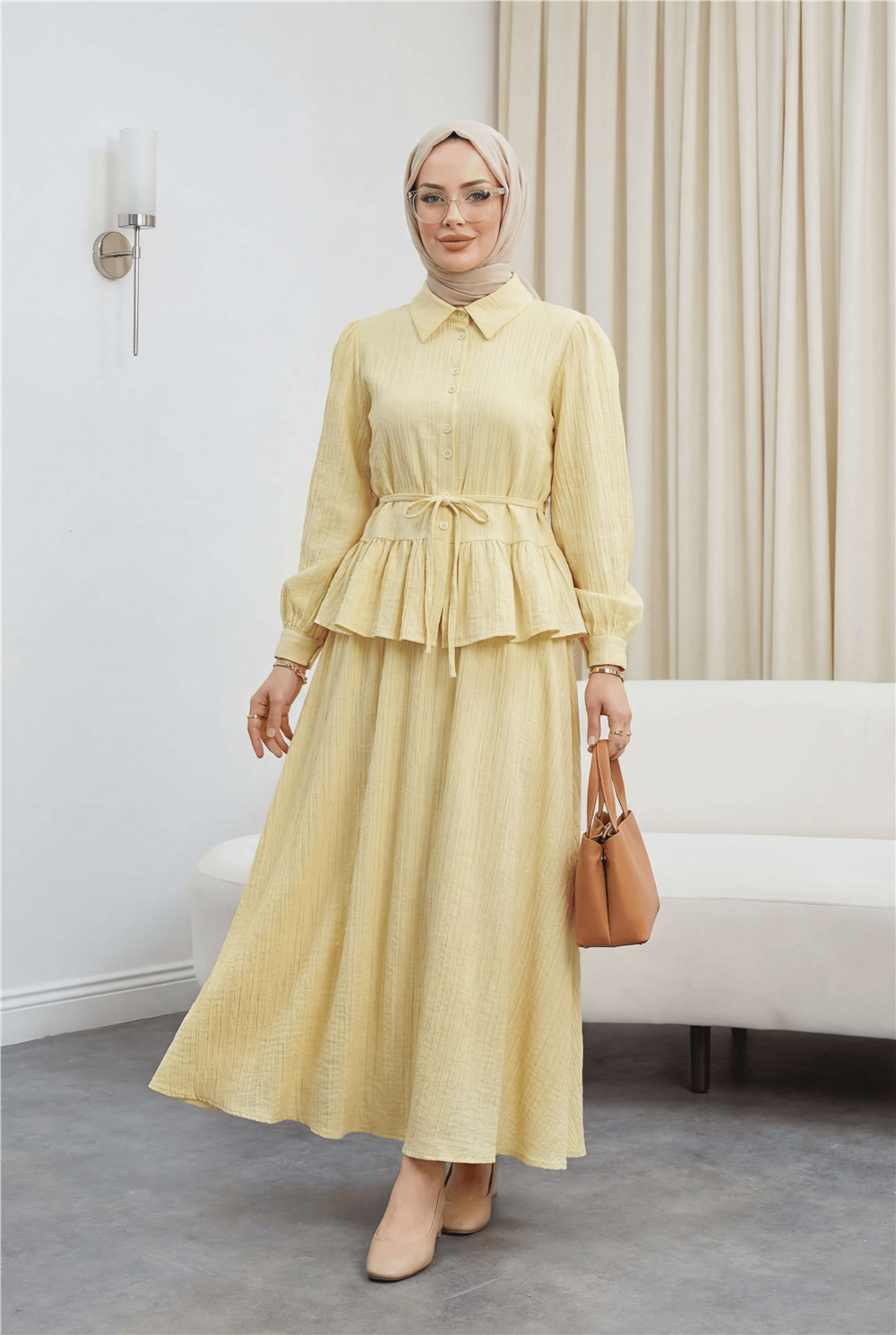 Eteği Fırfırlı Düğmeli Beli Bağcıklı Etekli Takım -Sarı-Takım-223-3058-R22