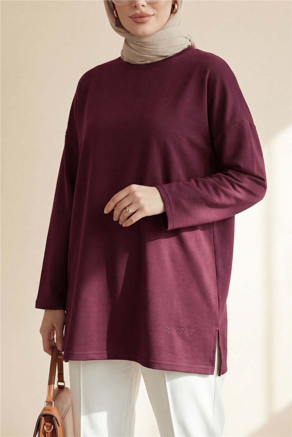Eteği Kalp Detaylı Yırtmaçlı Salaş Penye Tunik -Mürdüm-Tunik-253-13074-R09