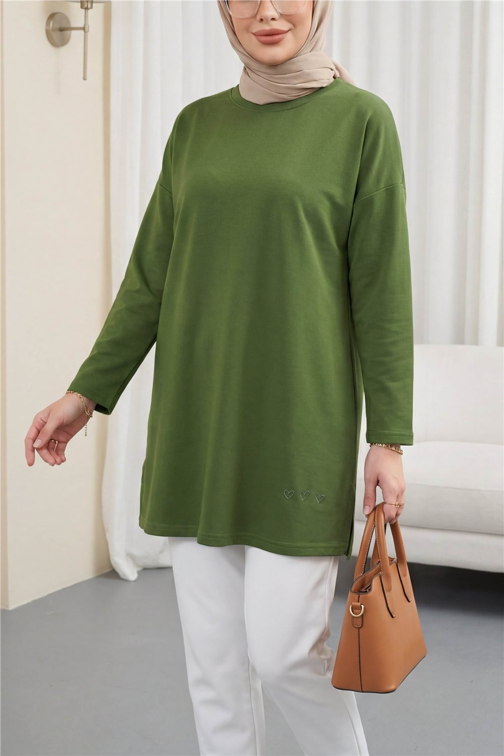 Eteği Kalp Detaylı Yırtmaçlı Salaş Penye Tunik -Haki-Tunik-253-13074-R05
