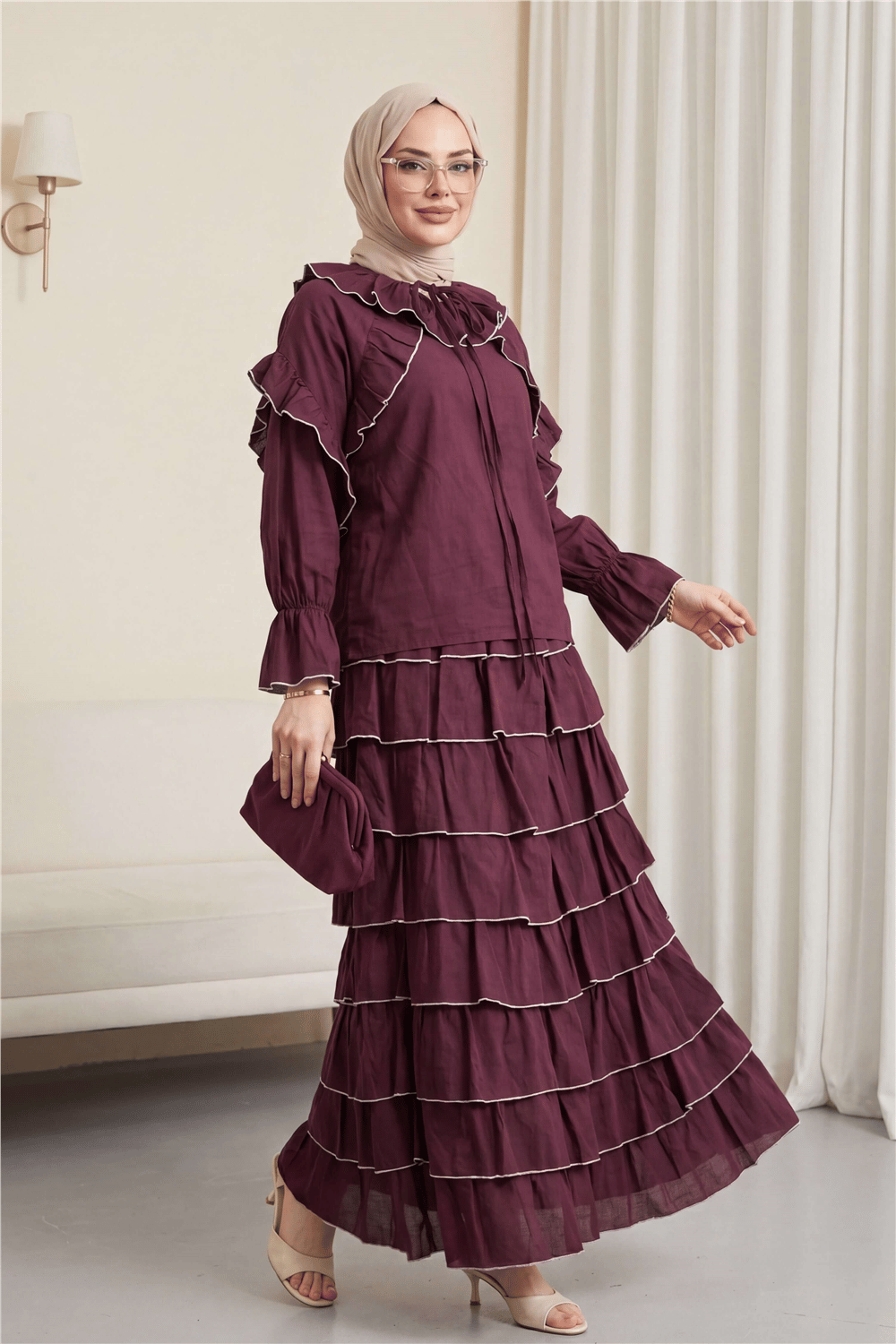 Eteği Kat Kat Yakası Bağlamalı Volanlı Biyeli Vual Takım  -Bordo-Takım-114-3237-R04