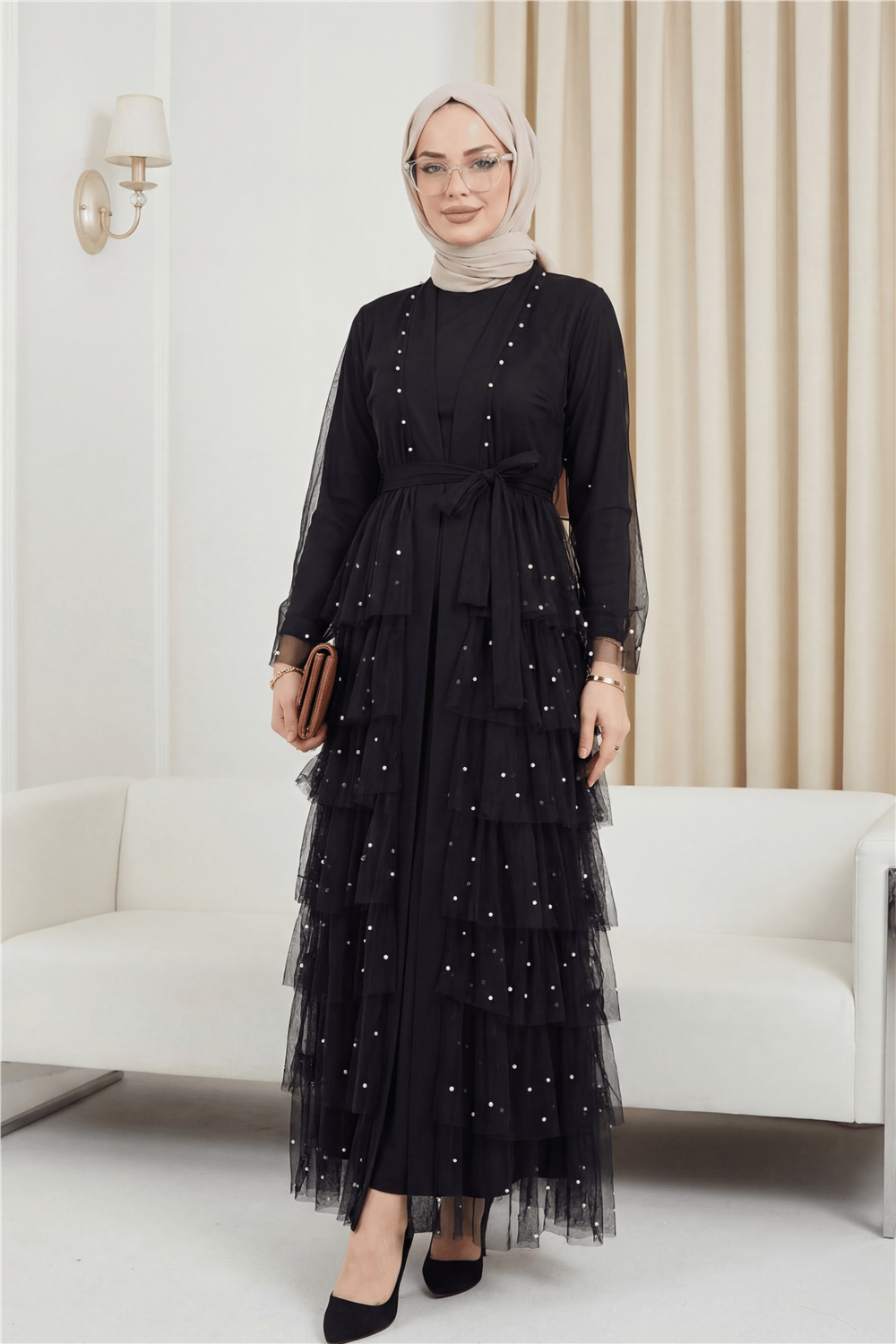 Eteği Katlı Serpme İncili Tül Abaya Takım -Siyah-Abiye-407-3544-R01