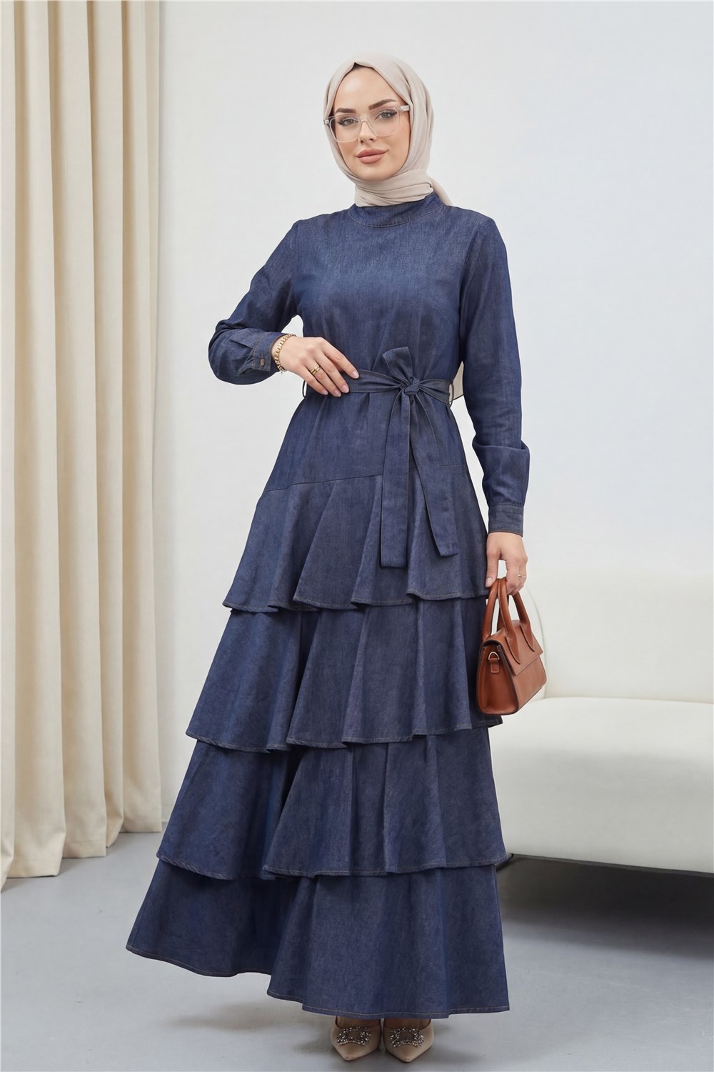 Eteği Katlı Tensel Kot Kemerli Elbise -Füme-Elbise-111-61546-R18