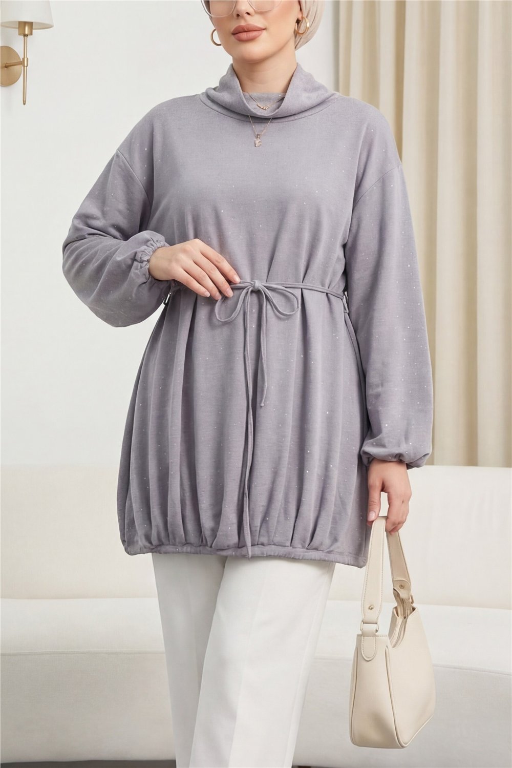 Eteği Lastikli Beli Bağcıklı Yarım Boğazlı Oysho Sweat -Açık Gri-Sweatshirt-307-0026-R41