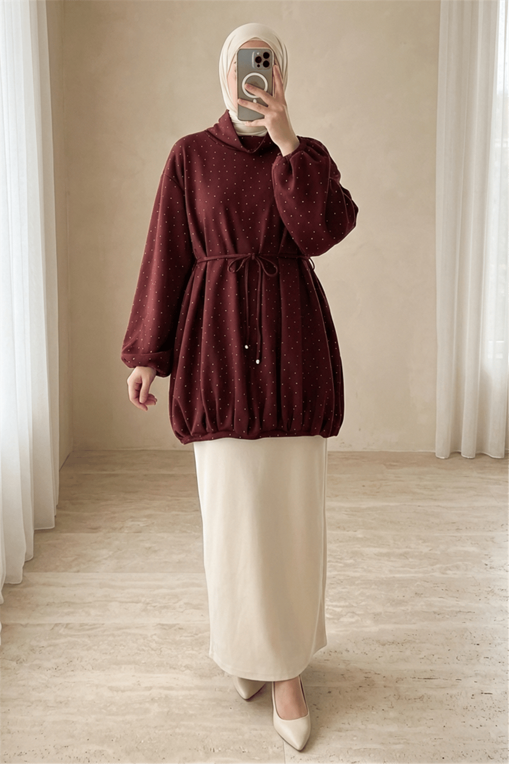 Eteği Lastikli Beli Bağcıklı Yarım Boğazlı Oysho Sweat -Bordo-Sweatshirt-307-0026-R04