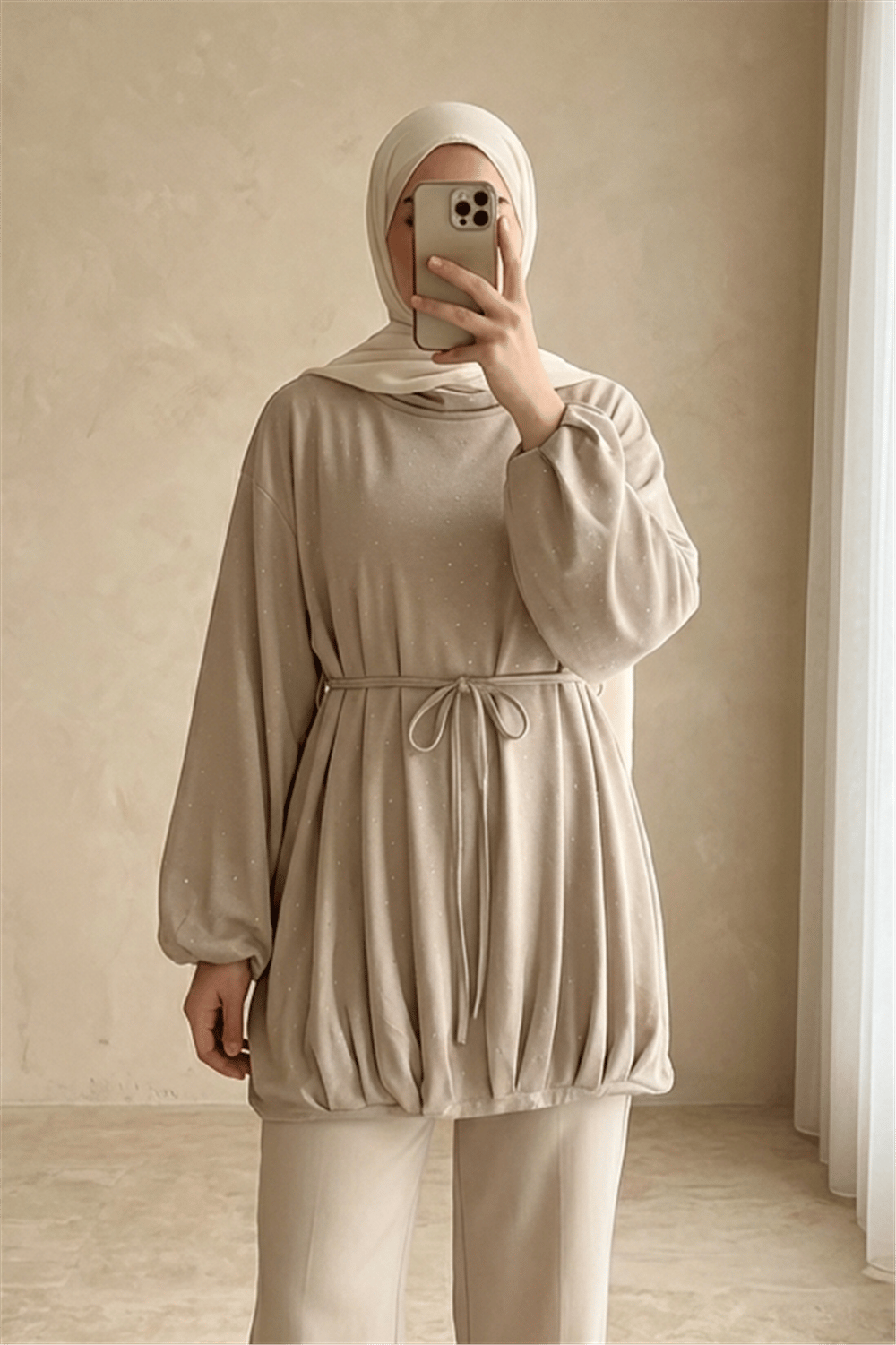 Eteği Lastikli Beli Bağcıklı Yarım Boğazlı Oysho Sweat -Açık Vizon-Sweatshirt-307-0026-R51