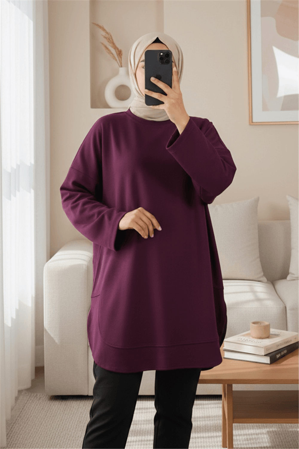 Eteği Oval Kesim Yırtmaçlı Oysho Sweat -Mürdüm-Sweatshirt-111-22050-R09