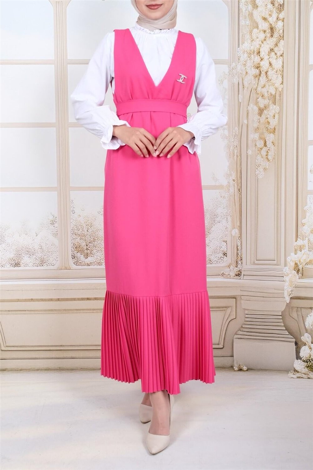 جيليه بحزام مع تنورة بطيات - فوشيا-Jile Elbise-111-61101-R14