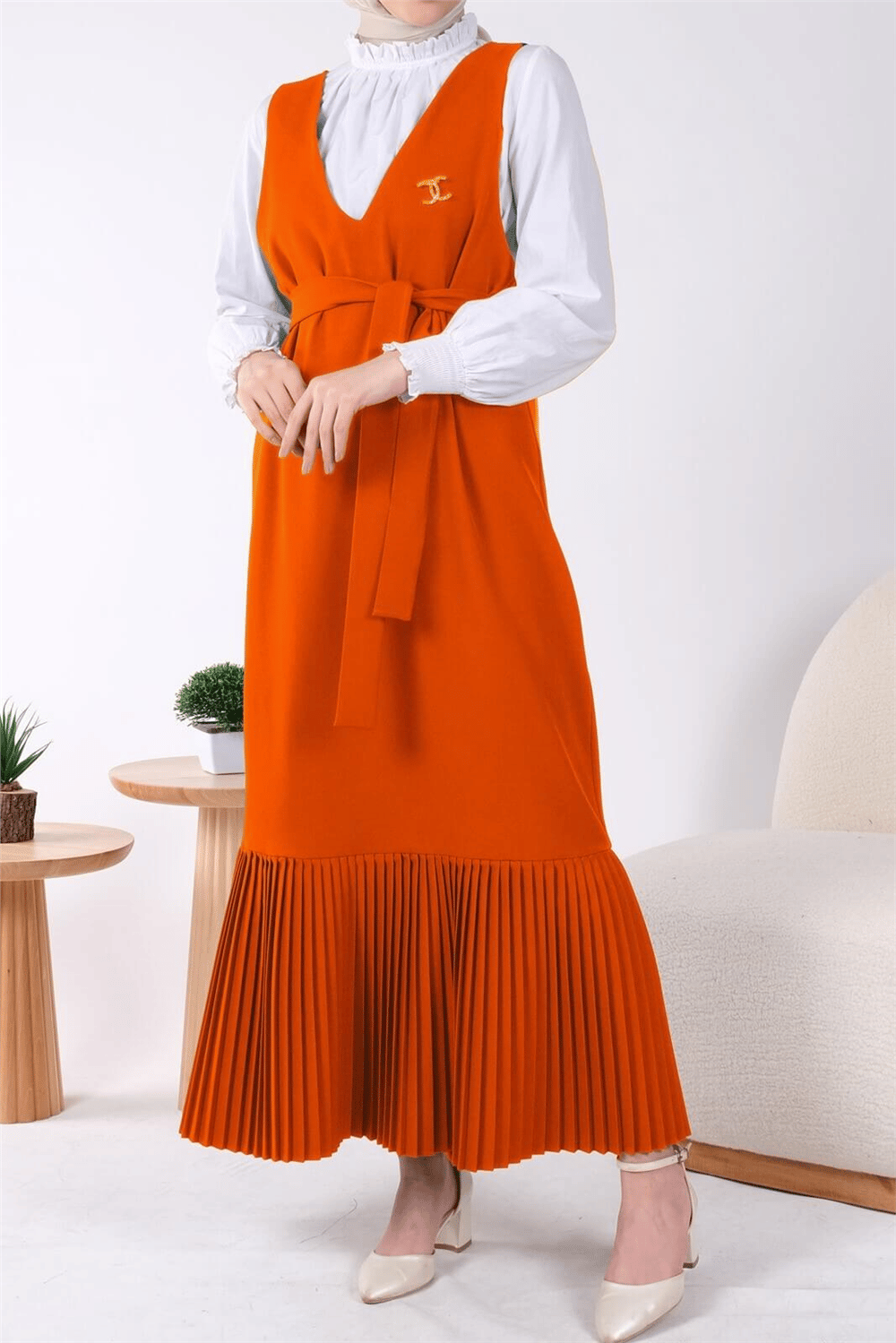 جيليه بحزام مع تنورة مطوية - برتقالي-Jile Elbise-111-61101-R16