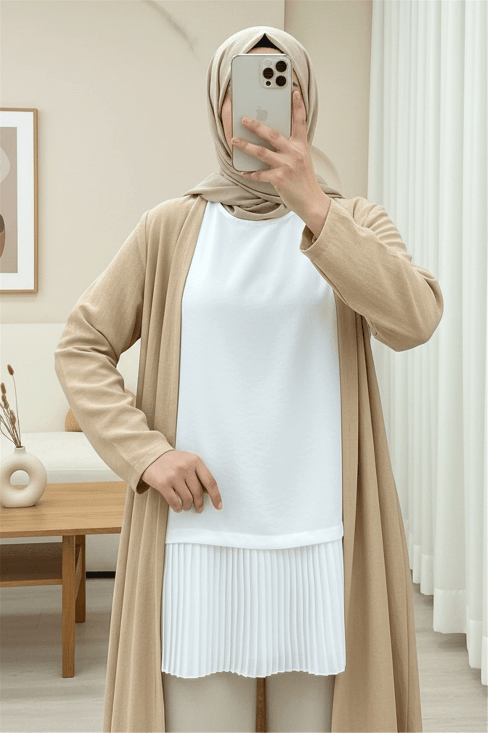 Eteği Pliseli Sıfır Kol Modal İçlik  -Beyaz-Bluz-338-40012-R02