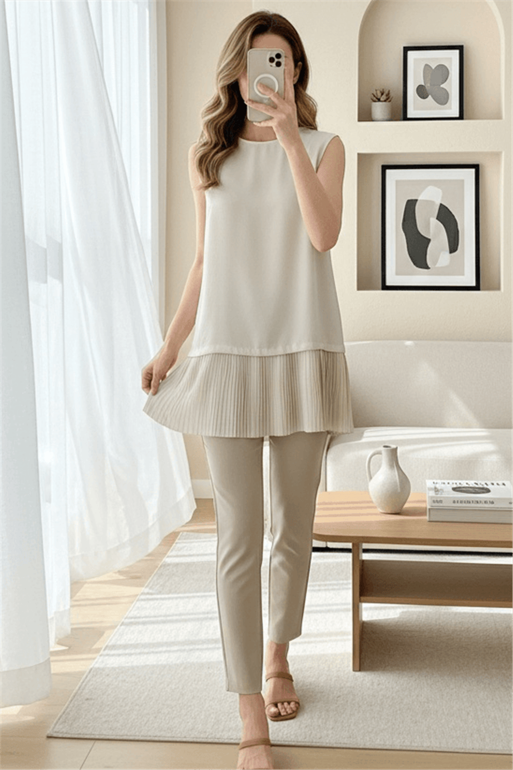 Eteği Pliseli Sıfır Kol Modal İçlik  -Bej-Bluz-338-40012-R56