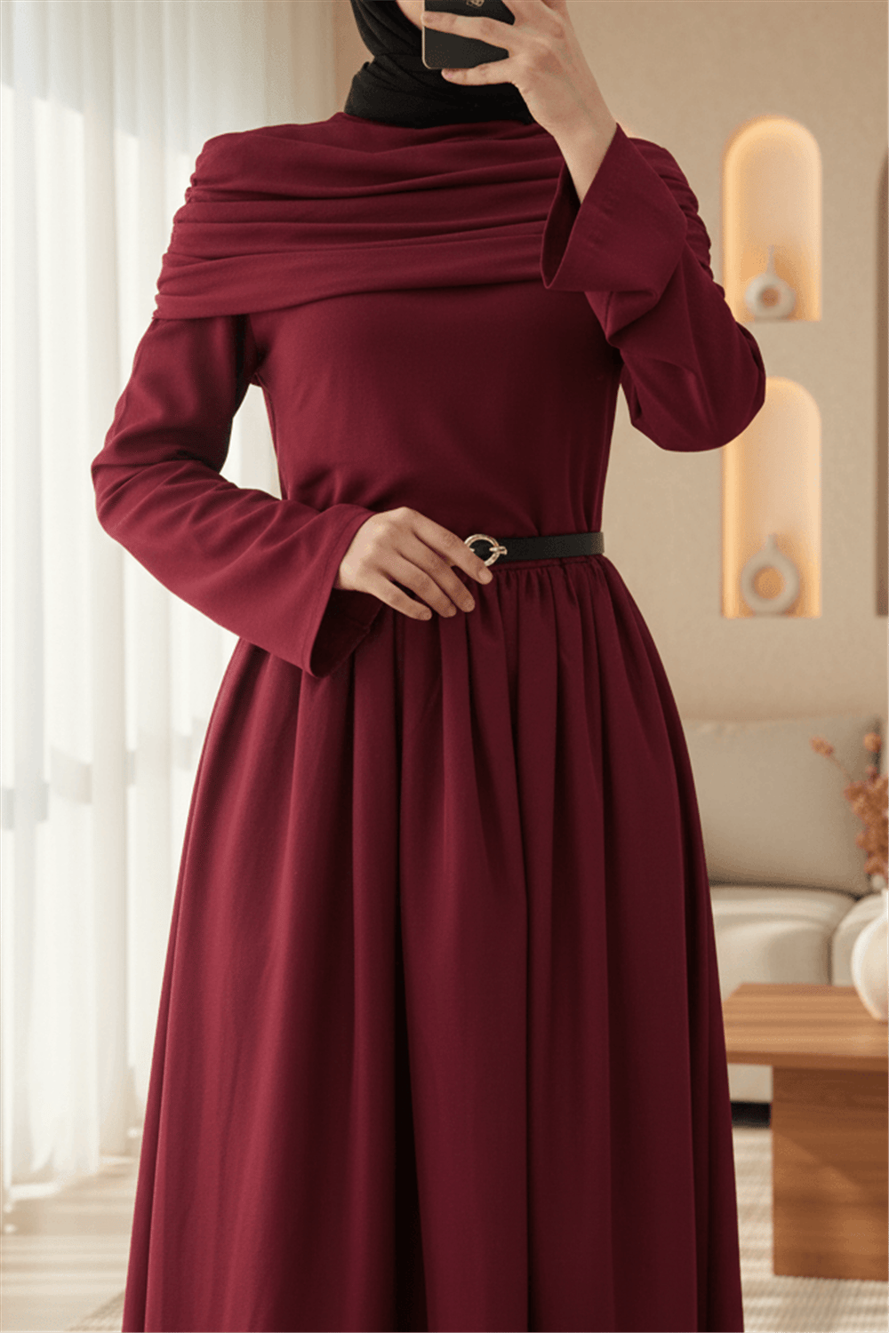 Eteği Poplin Üstü Sendy İki Parçalı Pileli Elbise -Bordo-Elbise-349-2417-R04