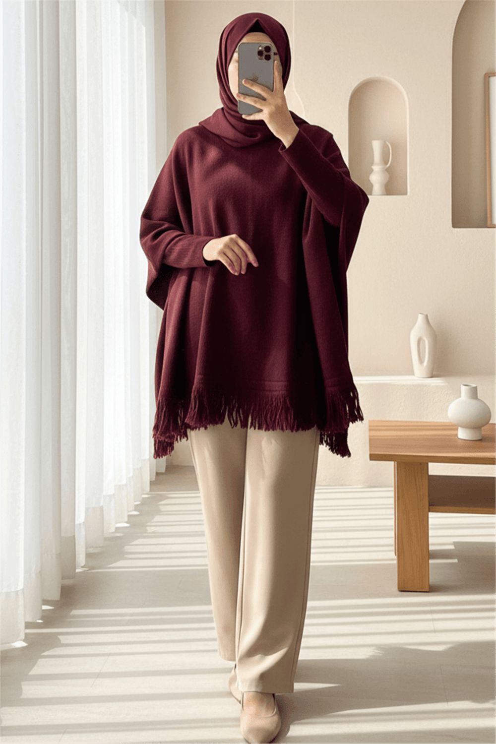 Eteği Püskül Detaylı Triko Panço  -Bordo-Hırka-295-4501-R04