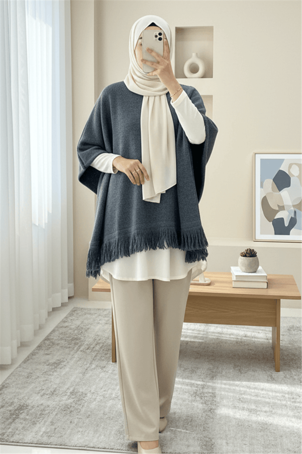 Eteği Püskül Detaylı Triko Panço  -Füme-Hırka-295-4501-R18