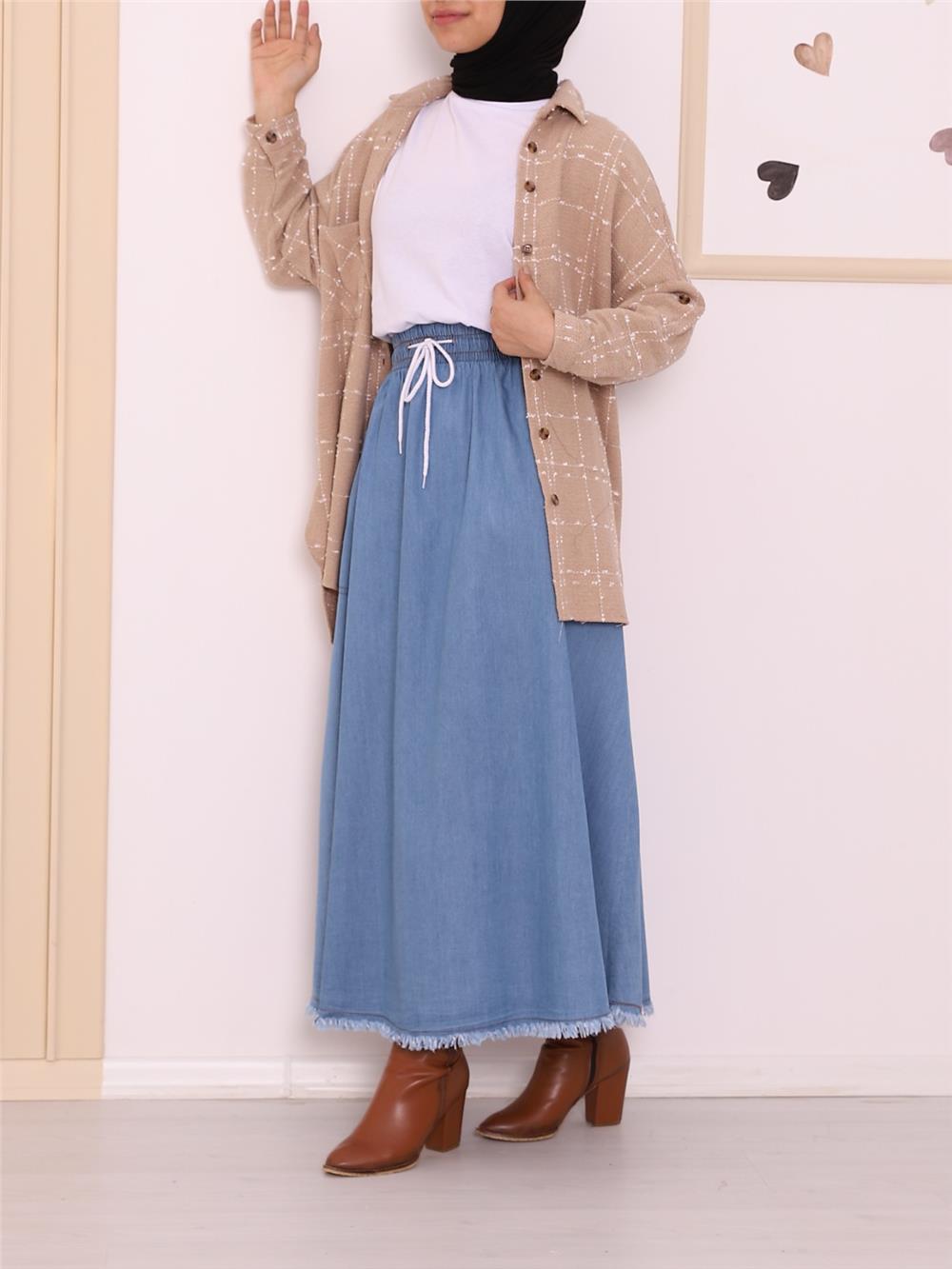 Eteği Püsküllü Cepli Kot Etek -Mavi-123-0689-R31