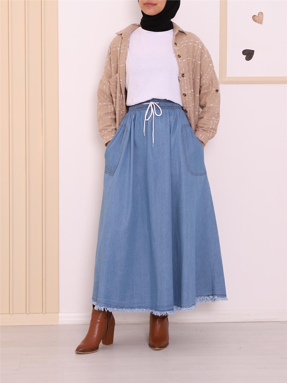 Eteği Püsküllü Cepli Kot Etek -Mavi-123-0689-R31