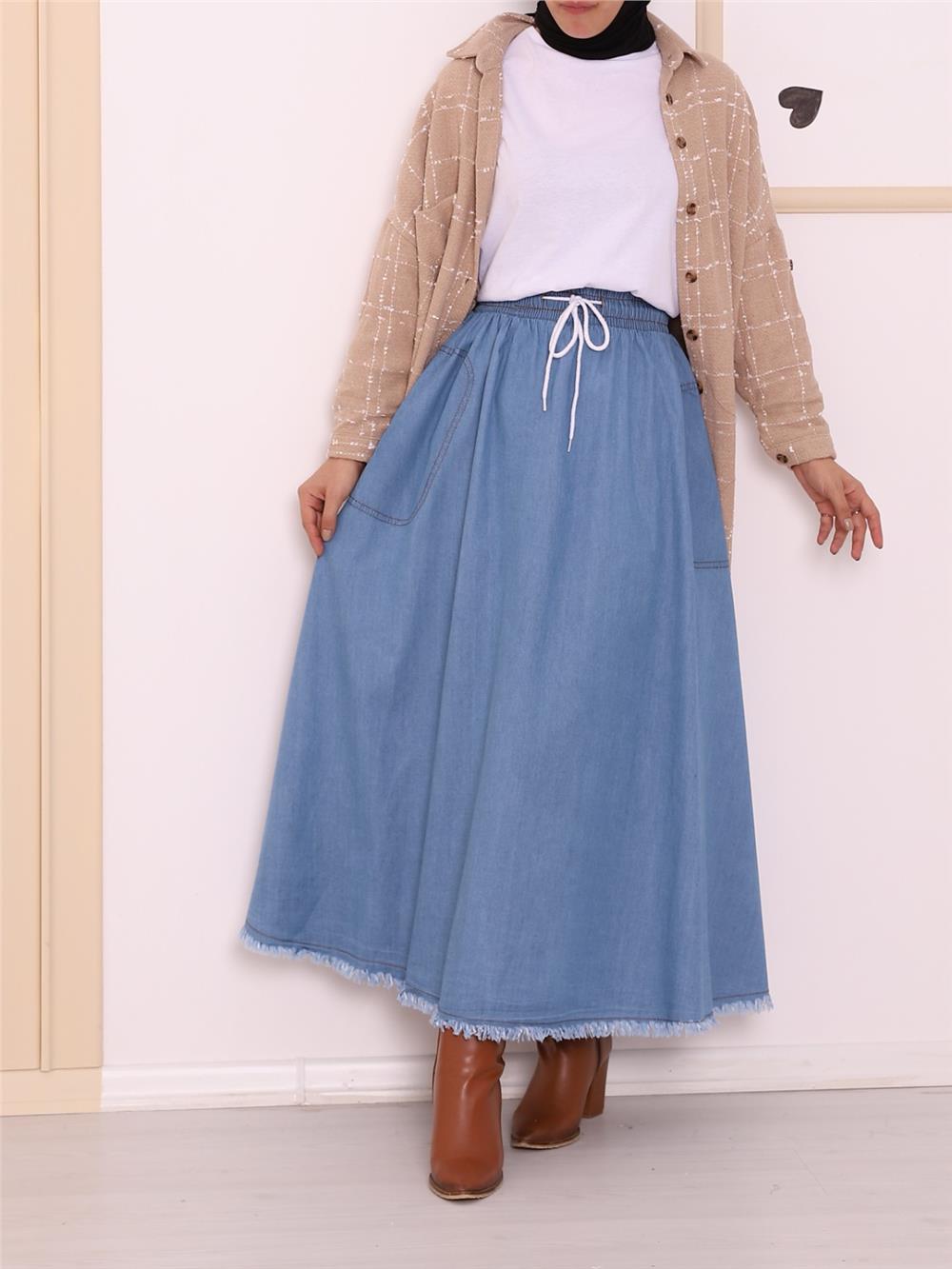 Eteği Püsküllü Cepli Kot Etek -Mavi-123-0689-R31