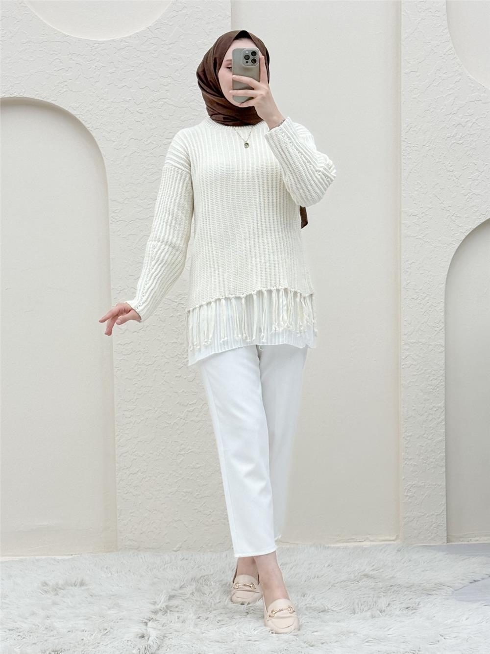 Eteği Püsküllü Kalın Örgü Kısa Kazak -Taş-351-5176-R43