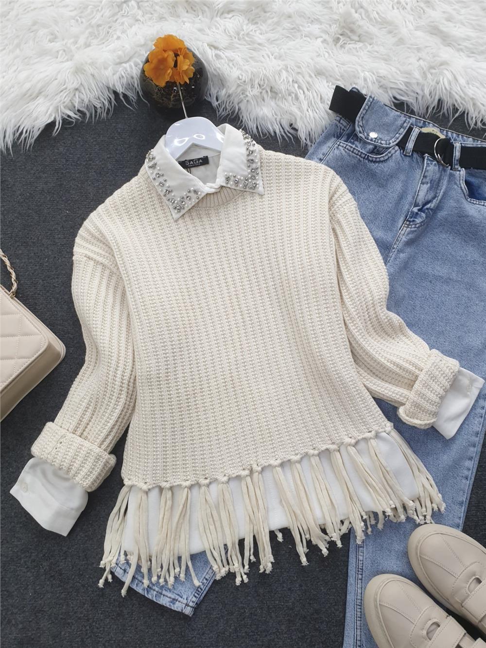 Eteği Püsküllü Kalın Örgü Kısa Kazak -Taş-351-5176-R43