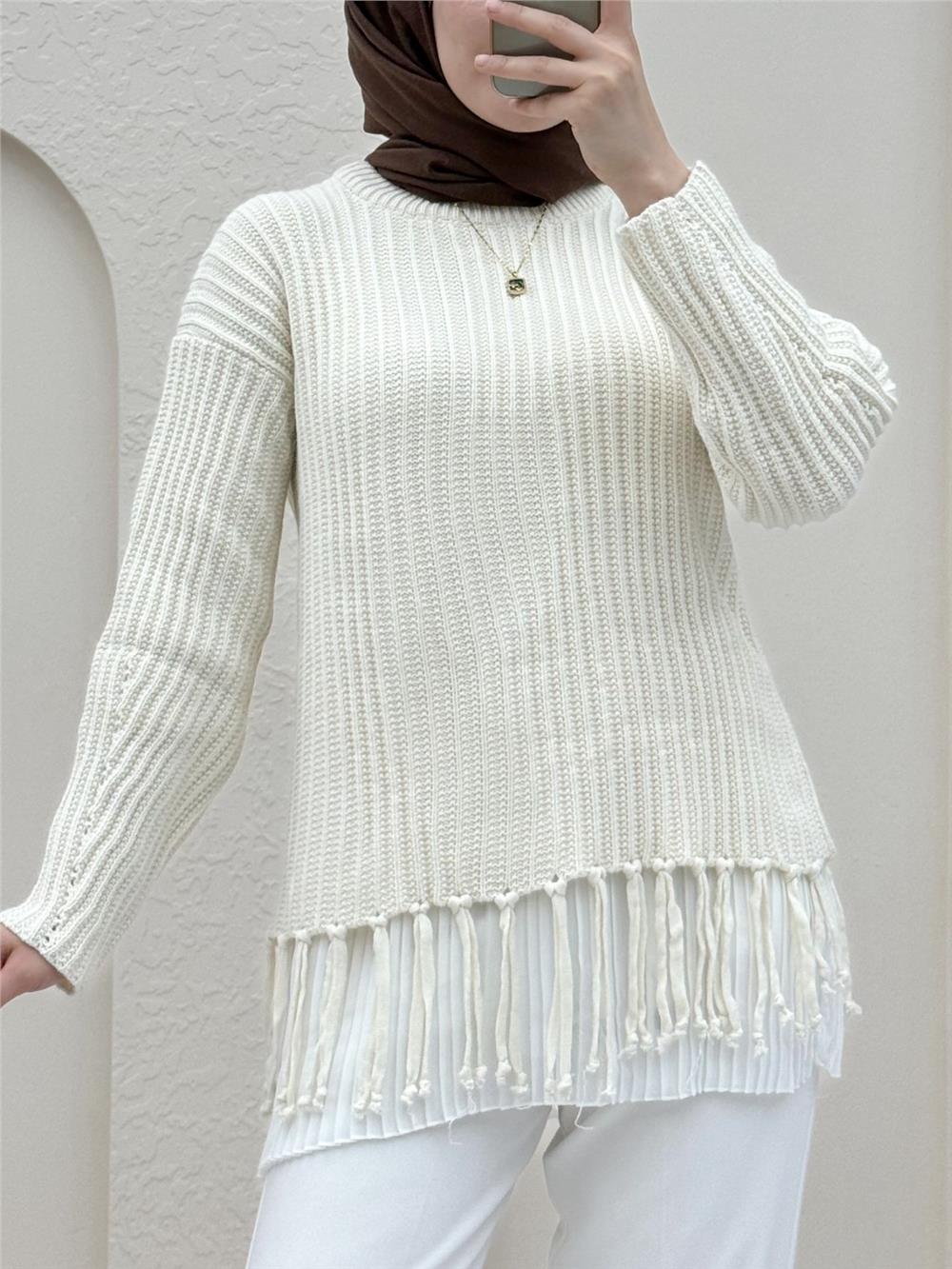 Eteği Püsküllü Kalın Örgü Kısa Kazak -Taş-351-5176-R43