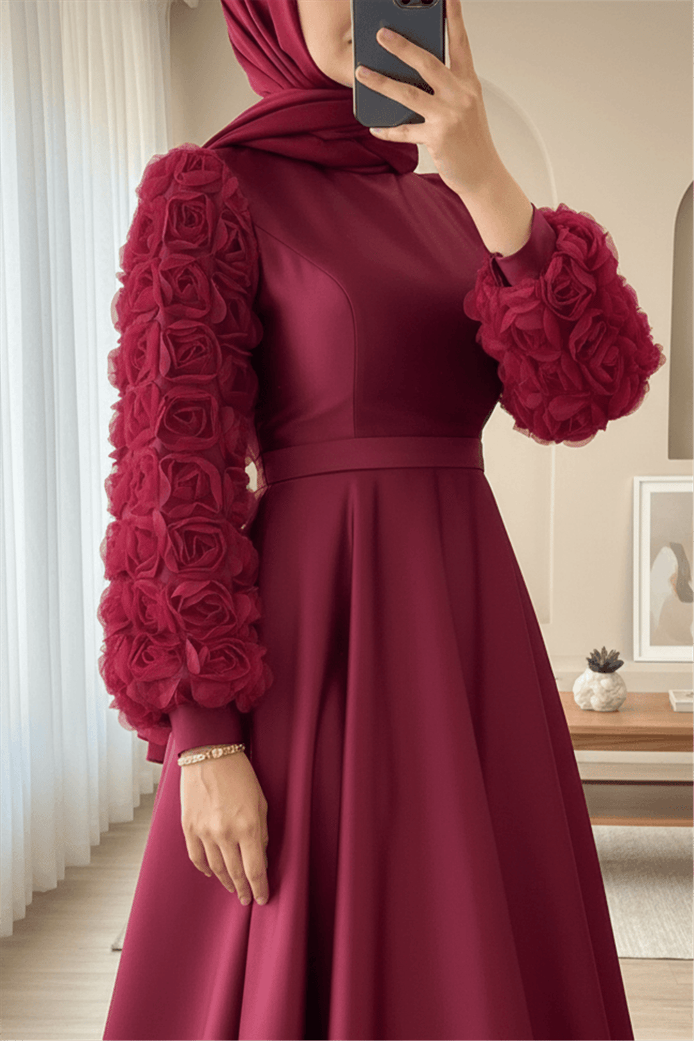 Eteği Ve Kolları Gül Detaylı Saten Abiye  -Bordo-Abiye-316-4661-R04