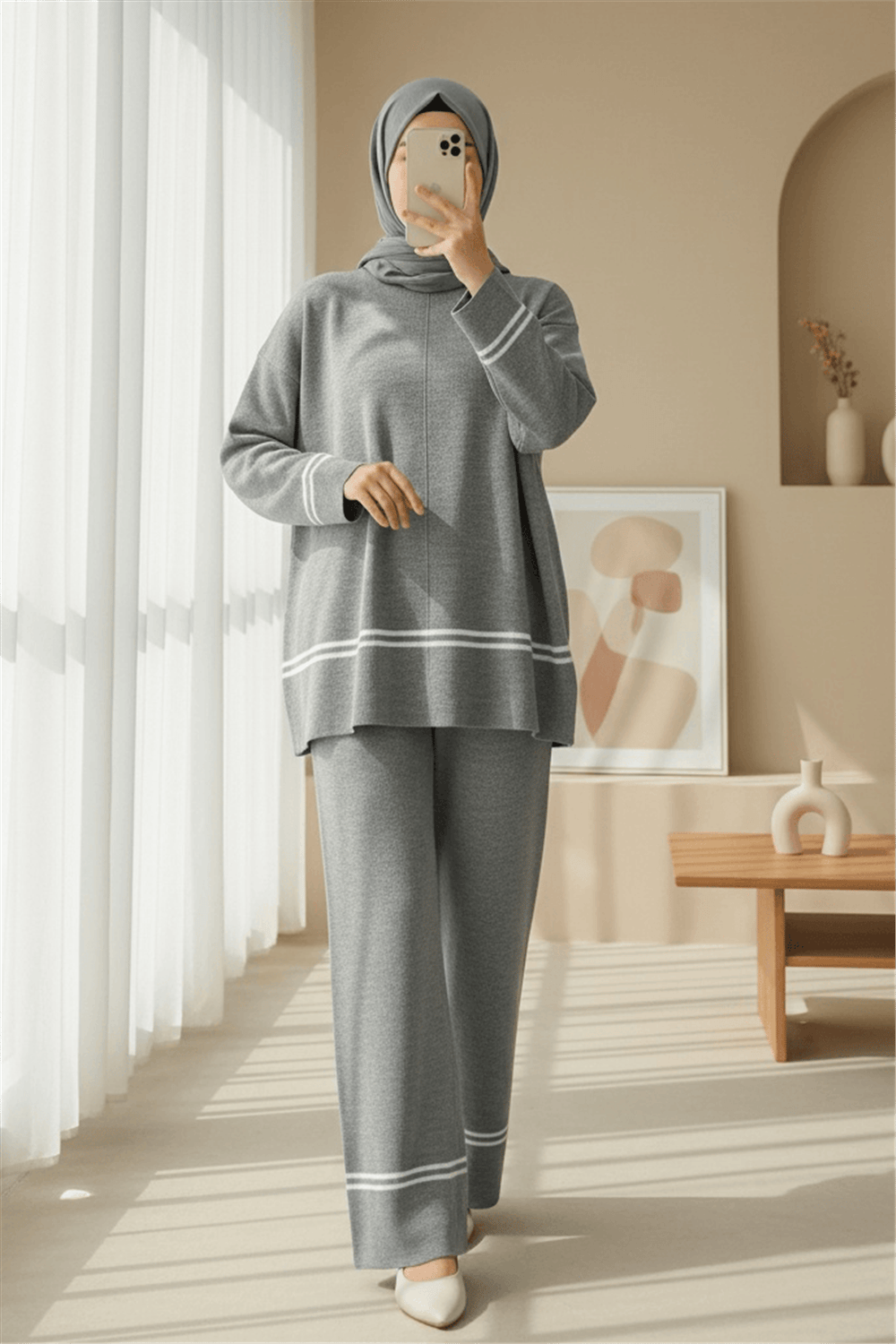 Eteği Ve Kolu Çizgili Triko Takım -Gri-Takım-384-301-R11