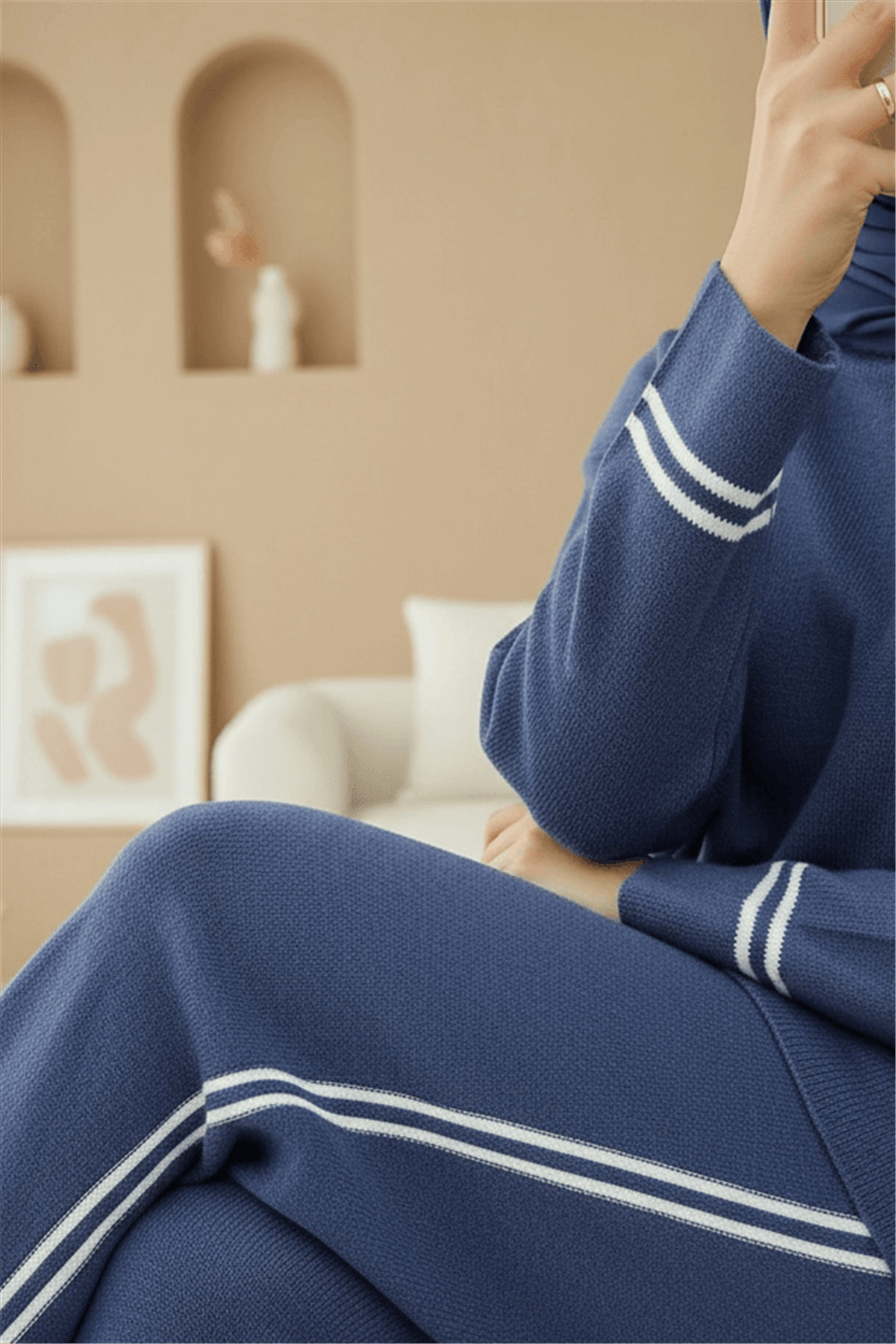 Eteği Ve Kolu Çizgili Triko Takım -İndigo-Takım-384-301-R21