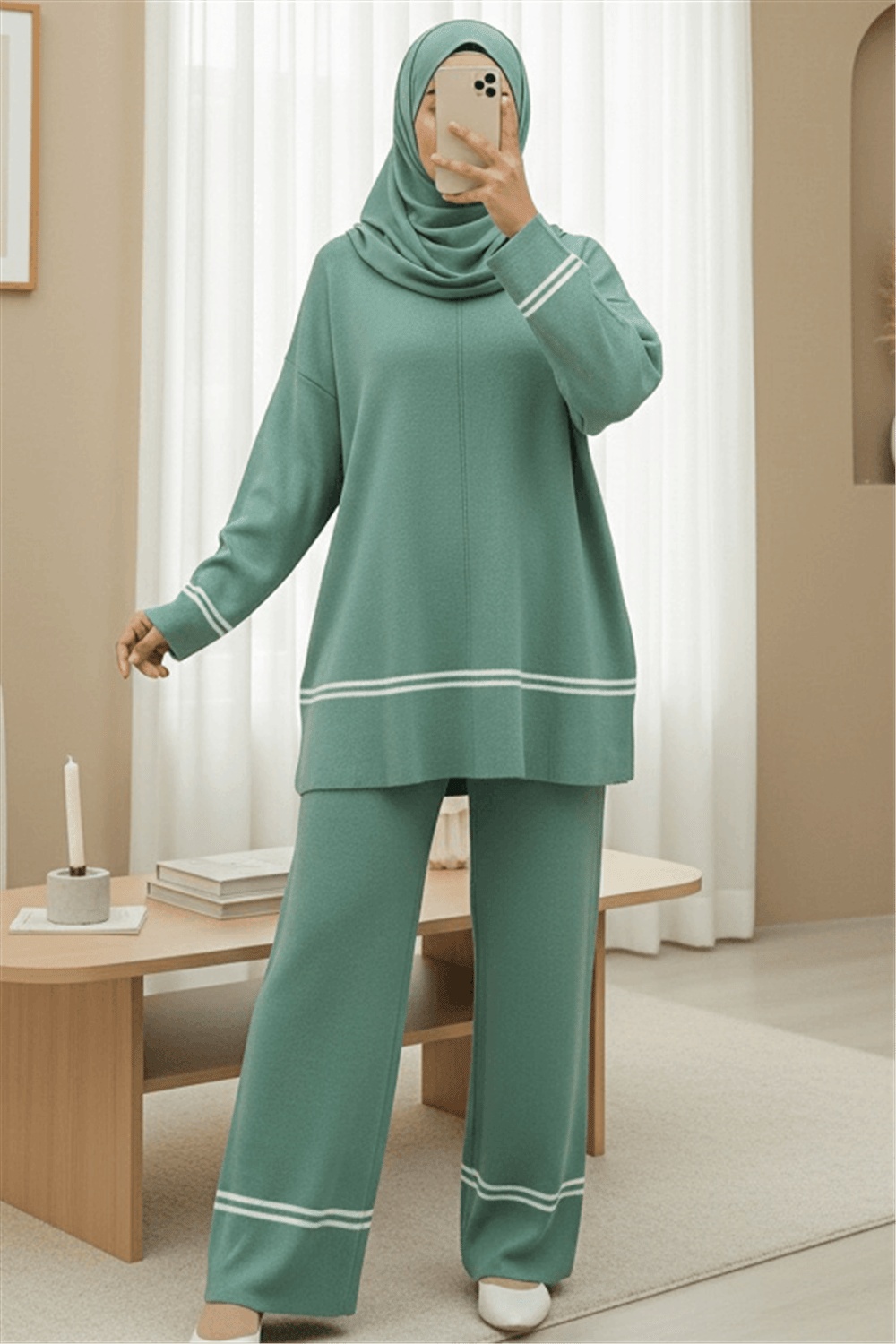 Eteği Ve Kolu Çizgili Triko Takım -Mint-Takım-384-301-R24