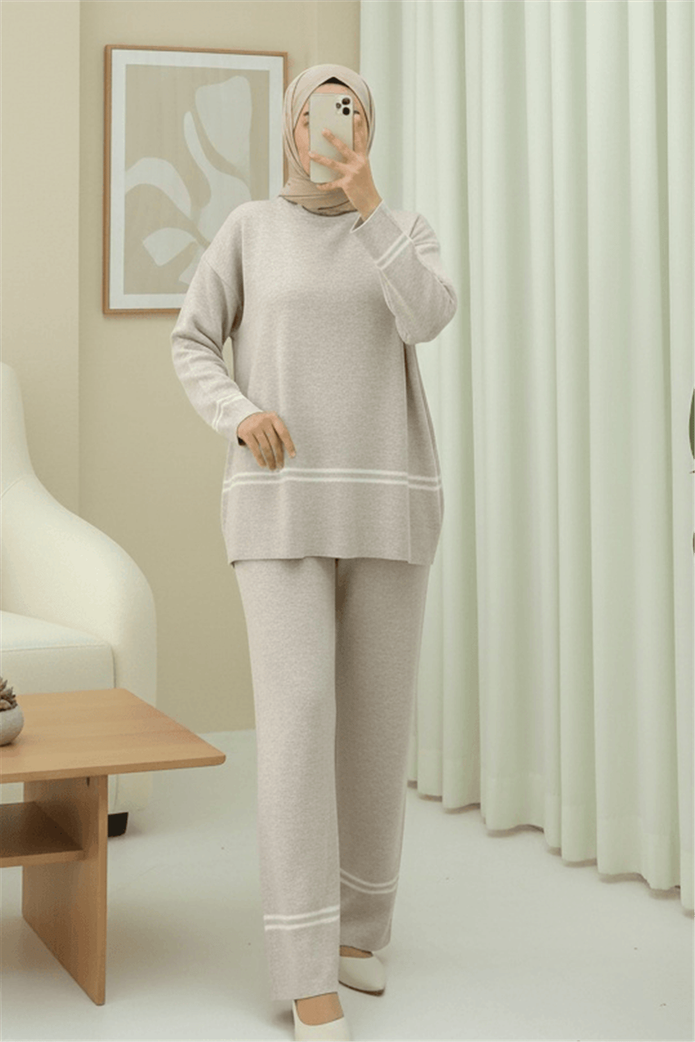 Eteği Ve Kolu Çizgili Triko Takım -Taş-Takım-384-301-R43