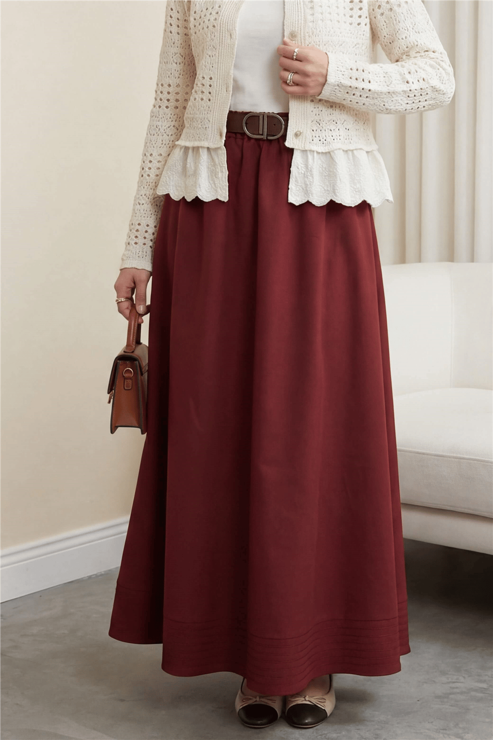 Etek Ucu Dikiş Detaylı Beli Lastikli Astarlı İthal Soft Gabardin Etek  -Bordo-Etek-356-4465-R04