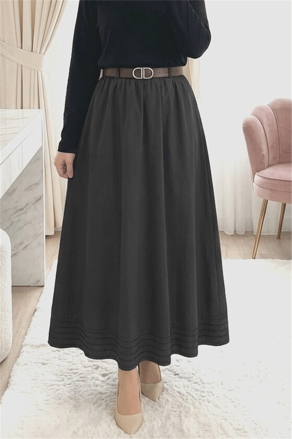 Etek Ucu Dikiş Detaylı Beli Lastikli Astarlı İthal Soft Gabardin Etek -Siyah-Etek-356-4465-R01
