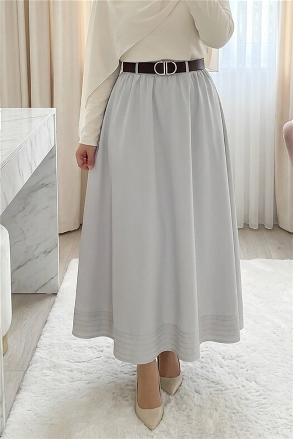 Etek Ucu Dikiş Detaylı Beli Lastikli Astarlı İthal Soft Gabardin Etek -Taş-Etek-356-4465-R43