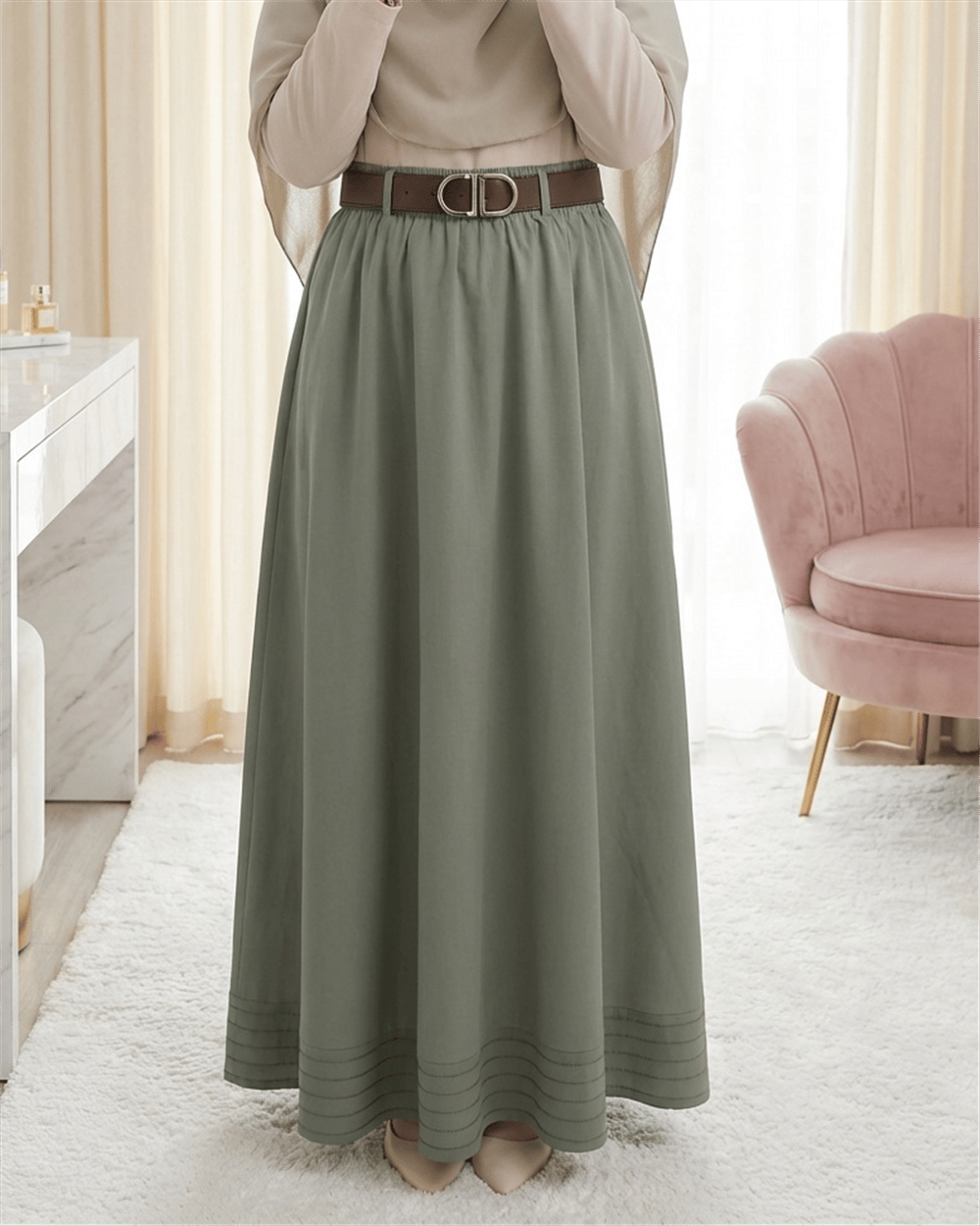 Etek Ucu Dikiş Detaylı Beli Lastikli Astarlı İthal Soft Gabardin Etek -Çağla Y.-Etek-356-4465-R70