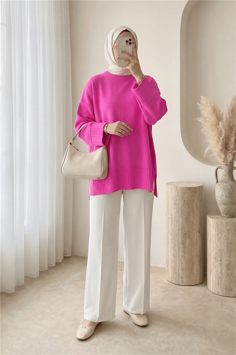 Etek Ucu ve Kol Manşeti Fitilli Yuvarlak Yaka Yırtmaçlı Triko Tunik -Pembe-Kazak-109-9785-R20