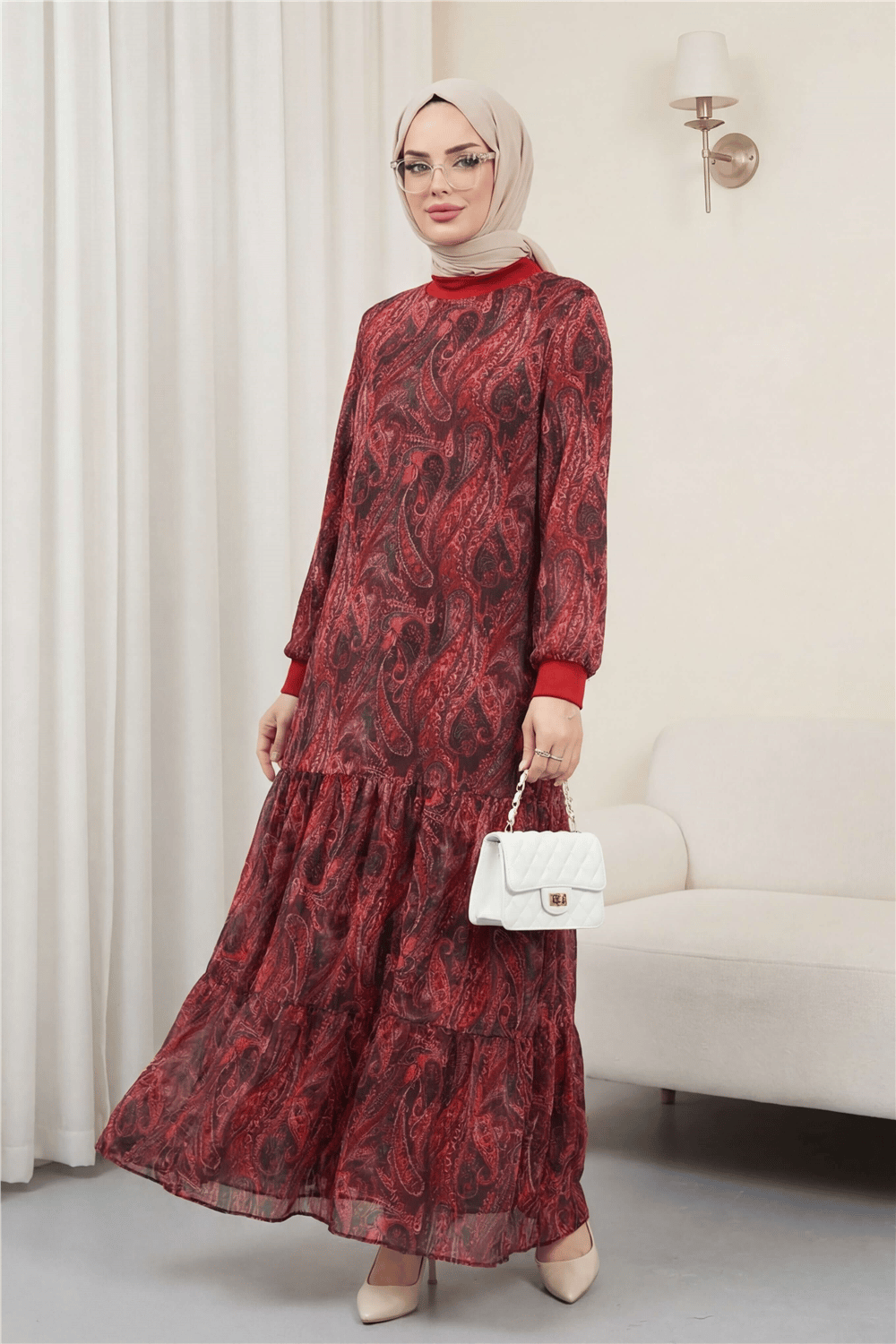 Etnik Desen Eteği Parçalı Astarlı Şifon Elbise   -Kırmızı-Elbise-197-6758-R33