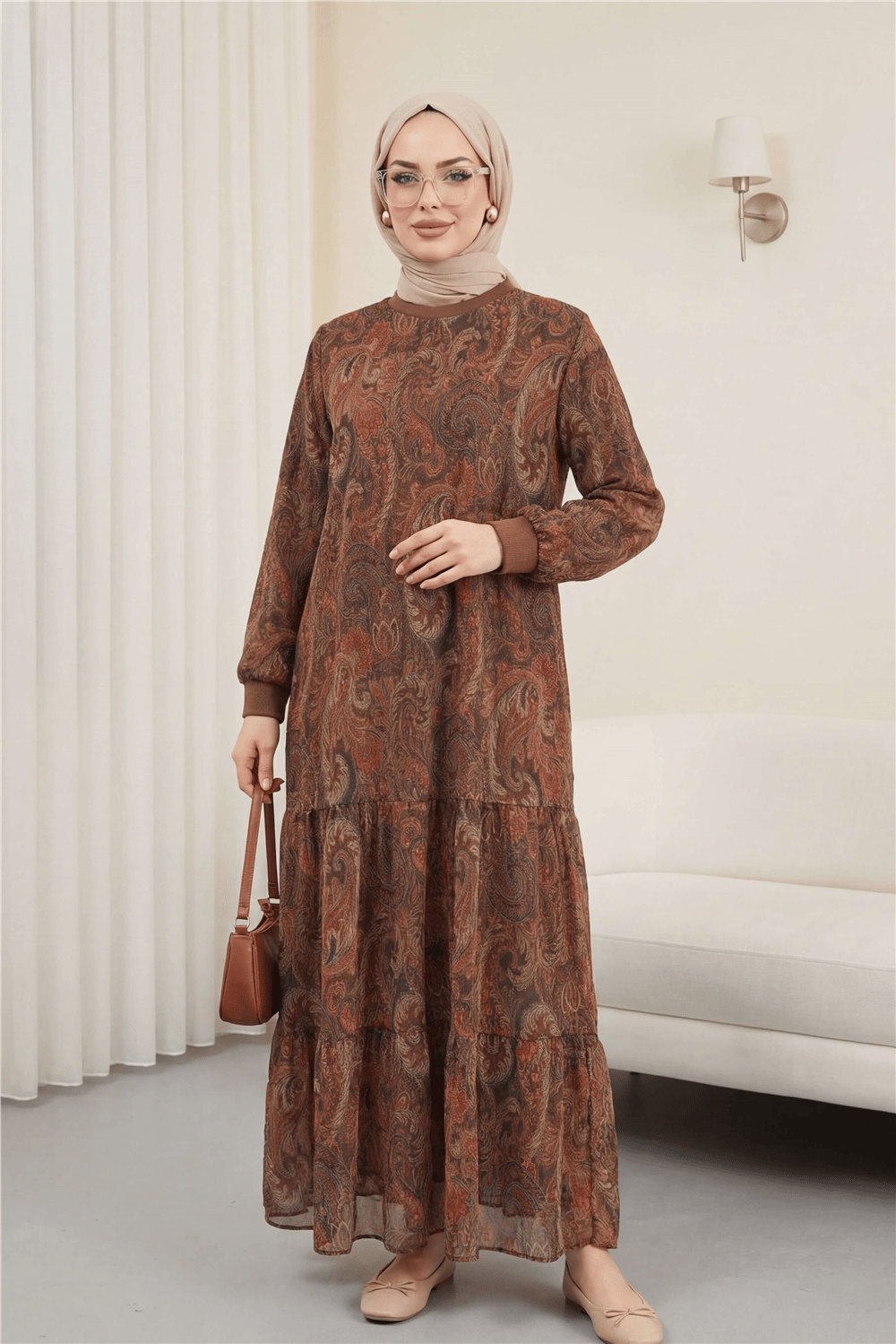 Etnik Desen Eteği Parçalı Astarlı Şifon Elbise  -Açık Kahve-Elbise-197-6758-R76