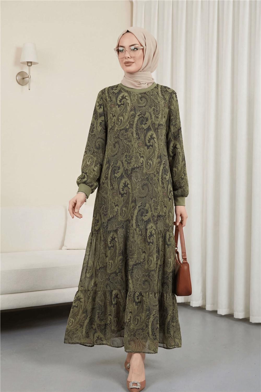 Etnik Desen Eteği Parçalı Astarlı Şifon Elbise    -Haki-Elbise-197-6758-R05