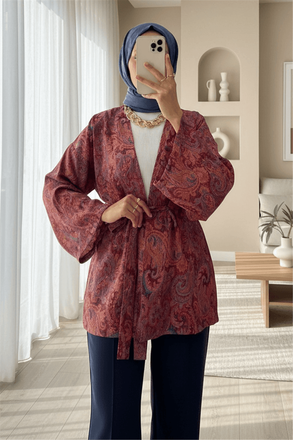 Etnik Desenli Bağcıklı Kimono -Bordo-Kimono&Kaftan-307-2375-R04