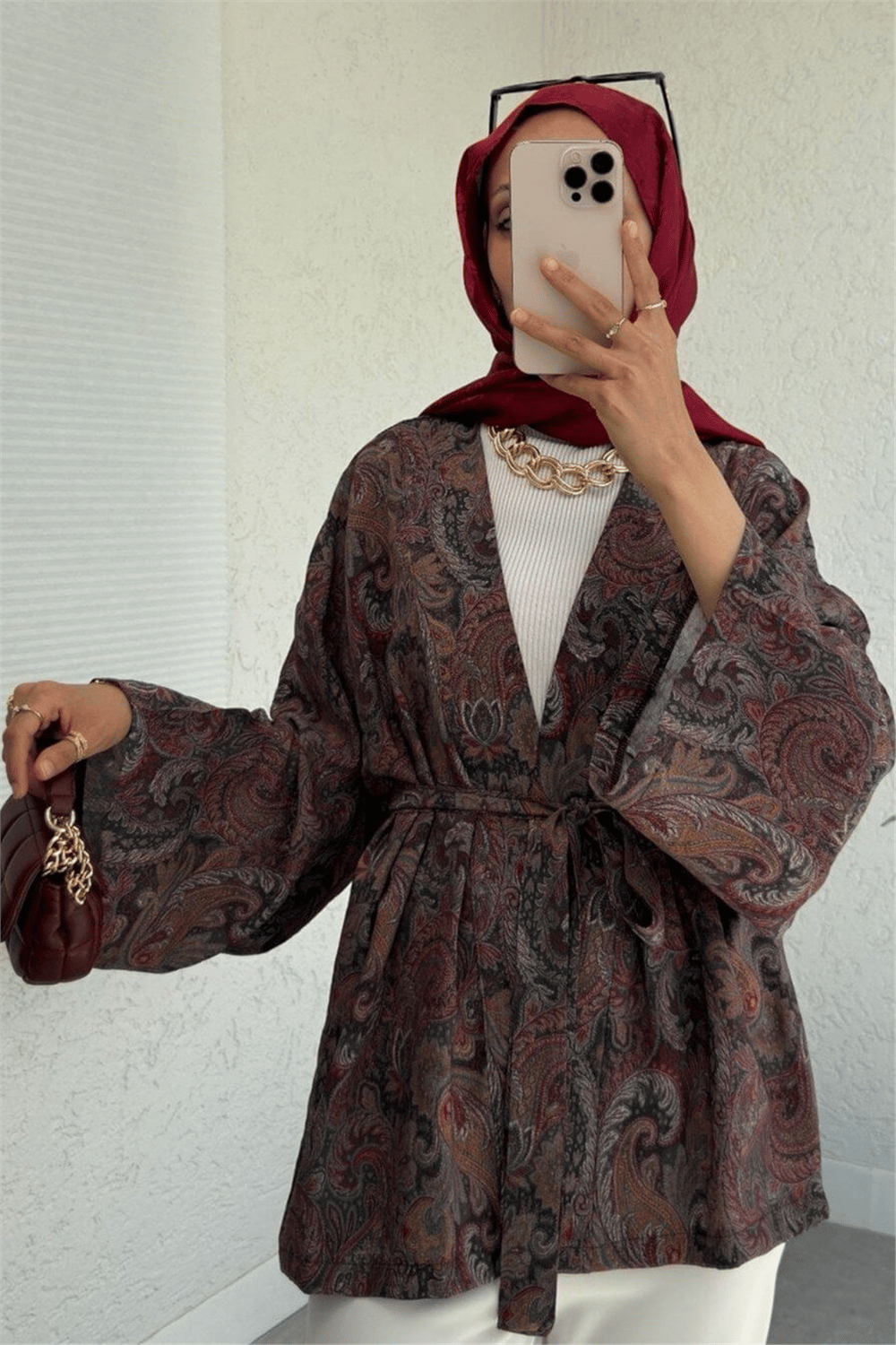 Etnik Desenli Bağcıklı Kimono -Kahve-Kimono&Kaftan-307-2375-R15