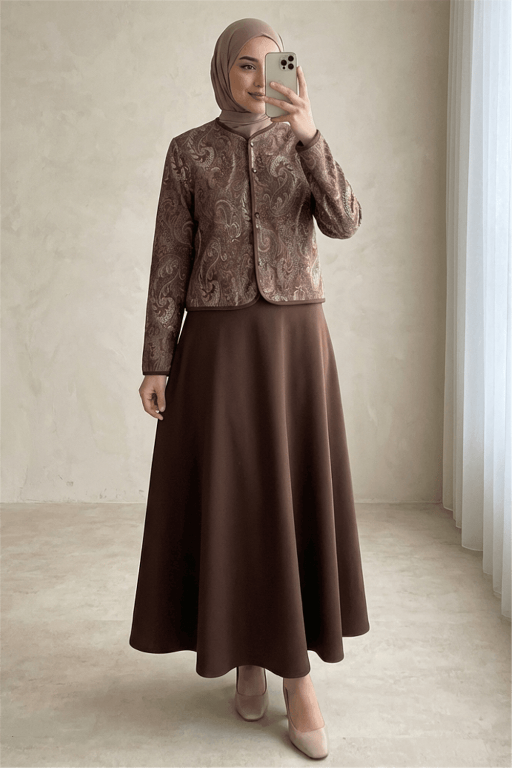 Etnik Desenli Top Düğmeli Scuba Takım -Kahve-Takım-349-8010-R15