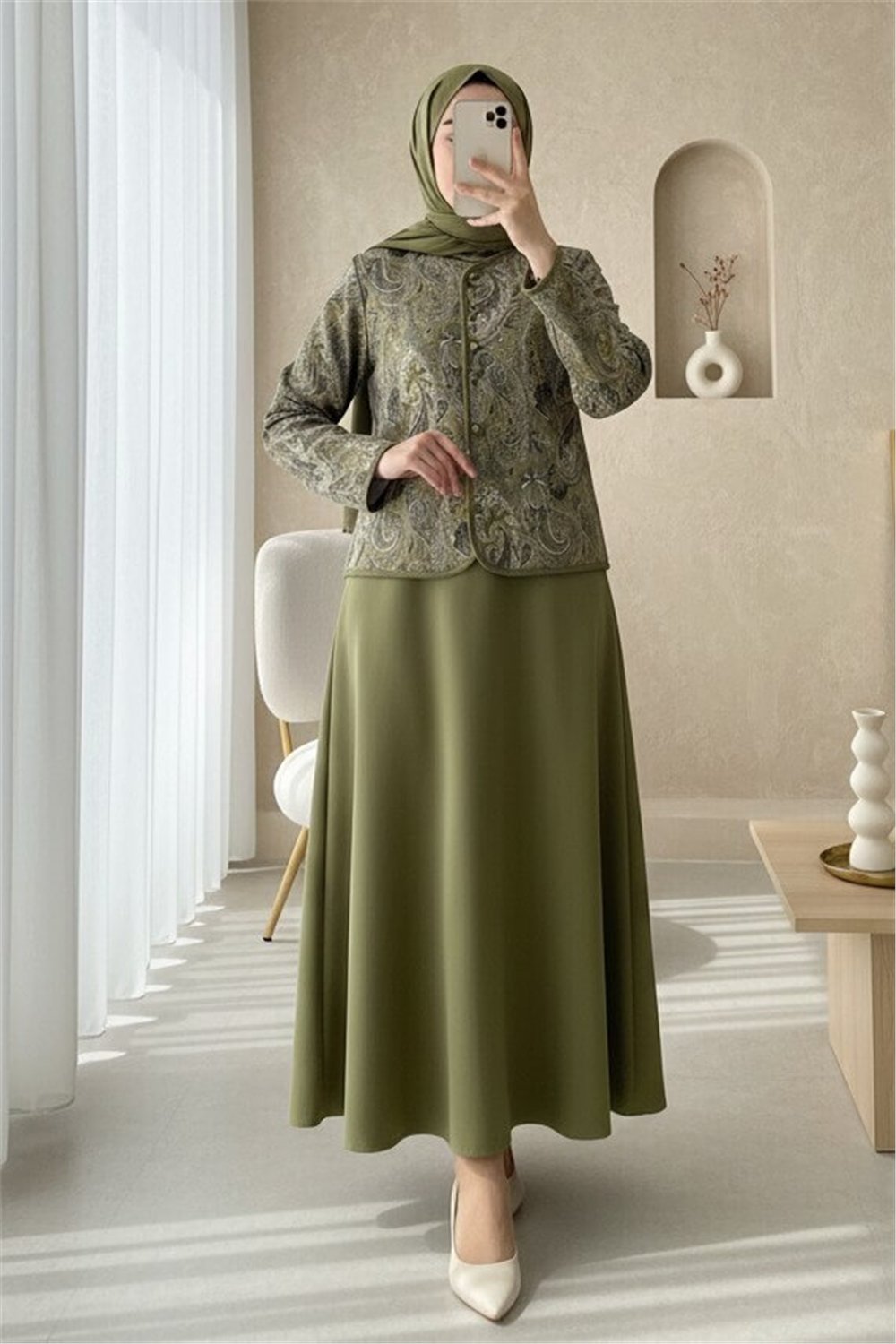 Etnik Desenli Top Düğmeli Scuba Takım   -Zeytin-Takım-349-8010-R59