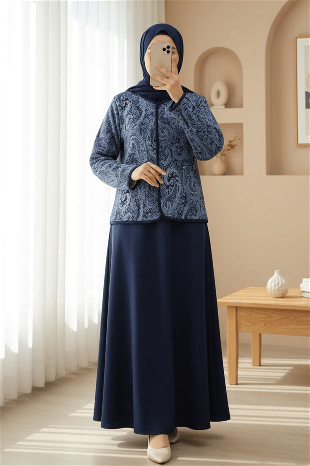 Etnik Desenli Top Düğmeli Scuba Takım -Laci-Takım-349-8010-R03