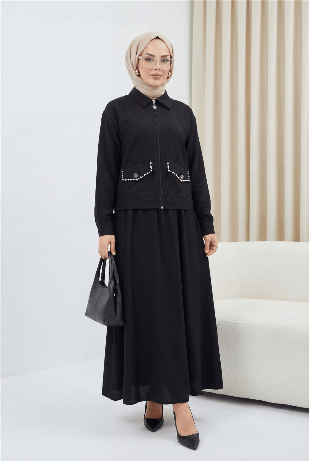 Fermuarlı Ceketli Beli Lastikli Etekli Keten Takım -Siyah-Takım-186-4475-R01