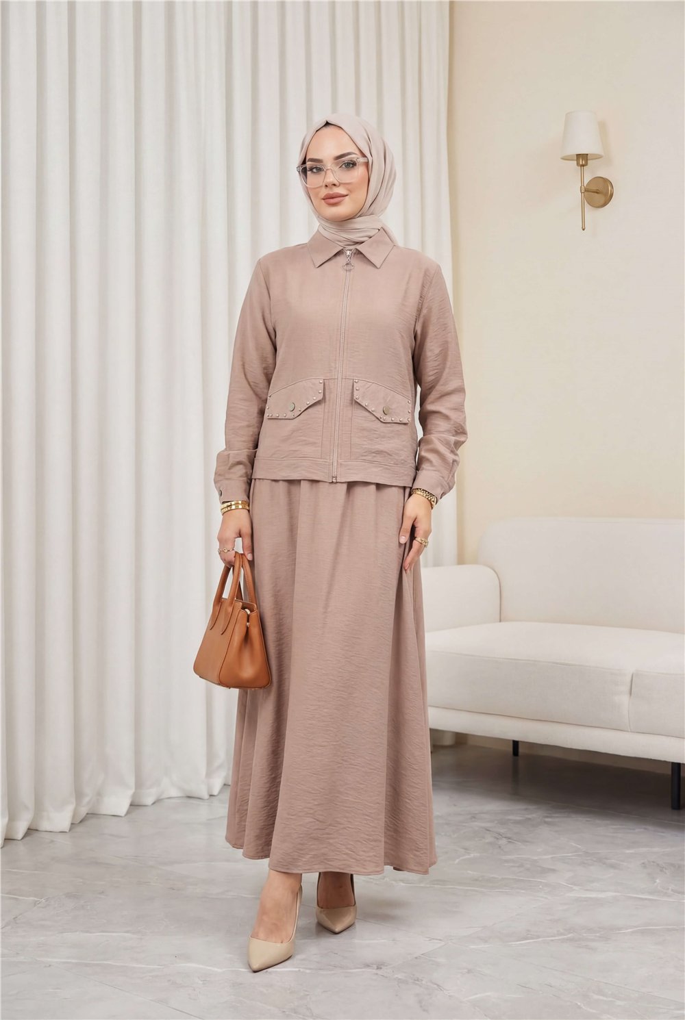 Fermuarlı Ceketli Beli Lastikli Etekli Keten Takım  -Vizon-Takım-186-4475-R23