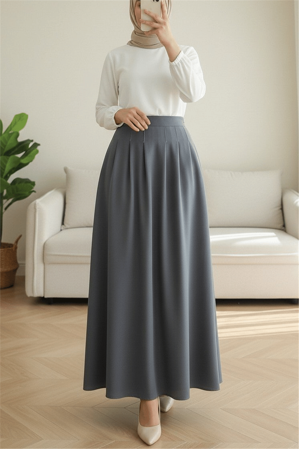 Fermuarlı Cepli Pliseli Krep Etek -Gri-Etek-386-62120-R11