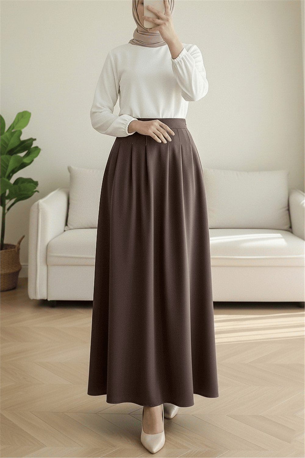 Fermuarlı Cepli Pliseli Krep Etek -K. Kahve-Etek-386-62120-R54