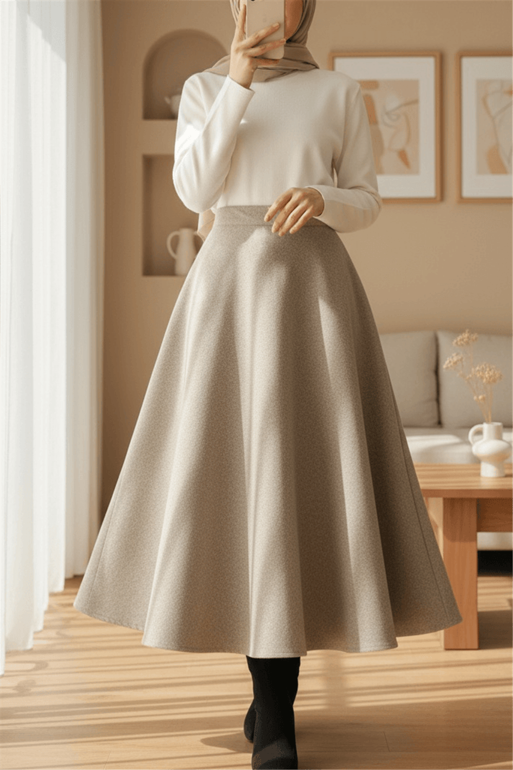 Fermuarlı Kaşe Çan Etek    -Bej-Etek-346-3049-R56