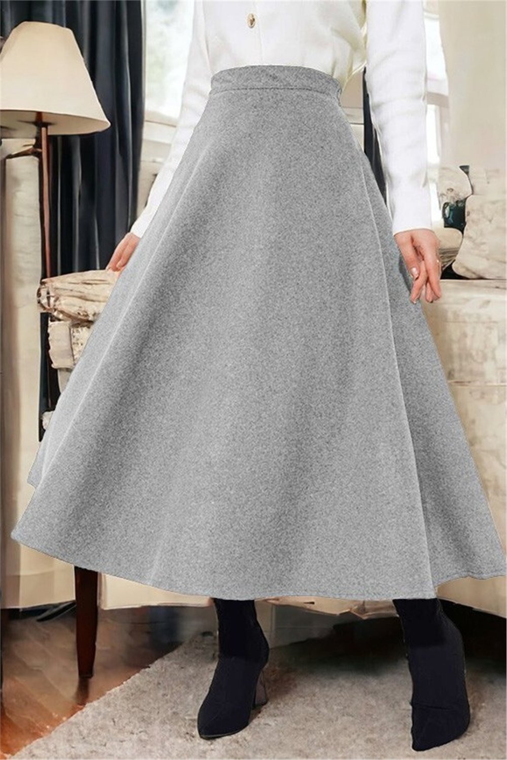 Fermuarlı Kaşe Çan Etek   -Gri-Etek-346-3049-R11
