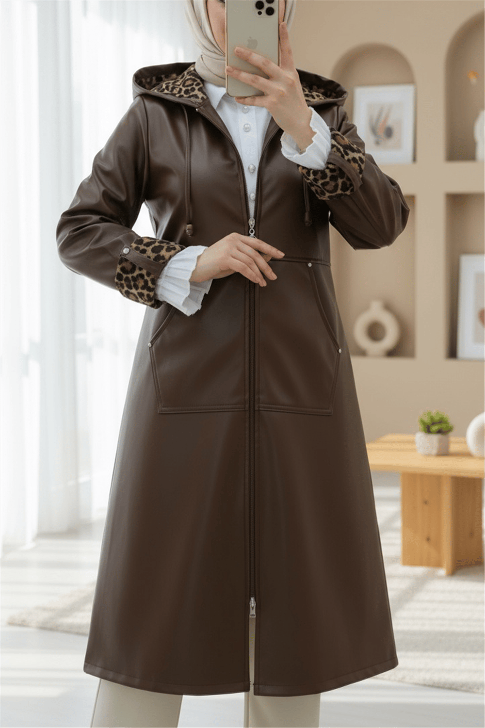 Fermuarlı Kolu Katlamalı Deri Kap  -Kahve-Trençkot-197-1266-R15