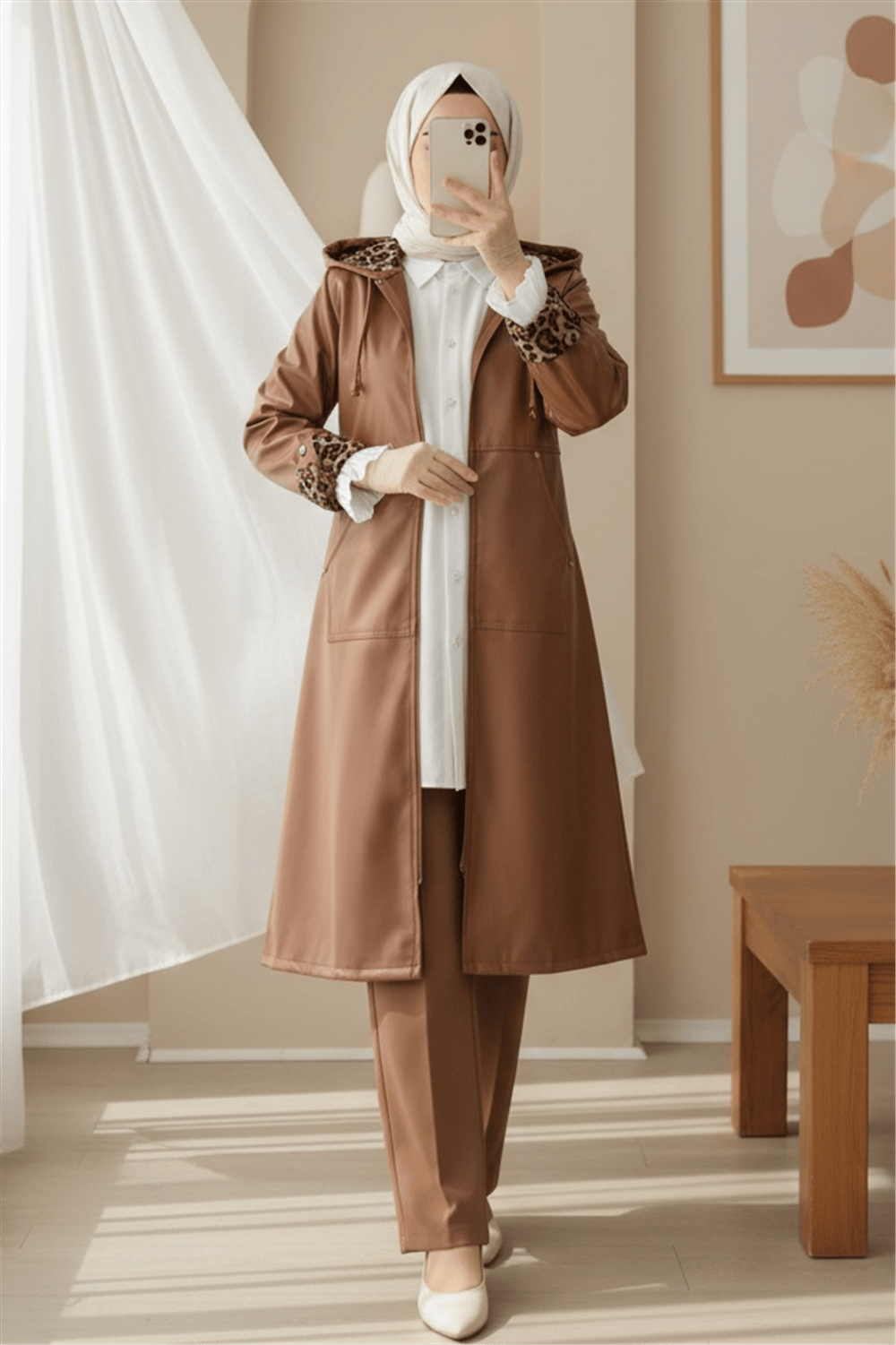 Fermuarlı Kolu Katlamalı Deri Kap  -Taba-Trençkot-197-1266-R12
